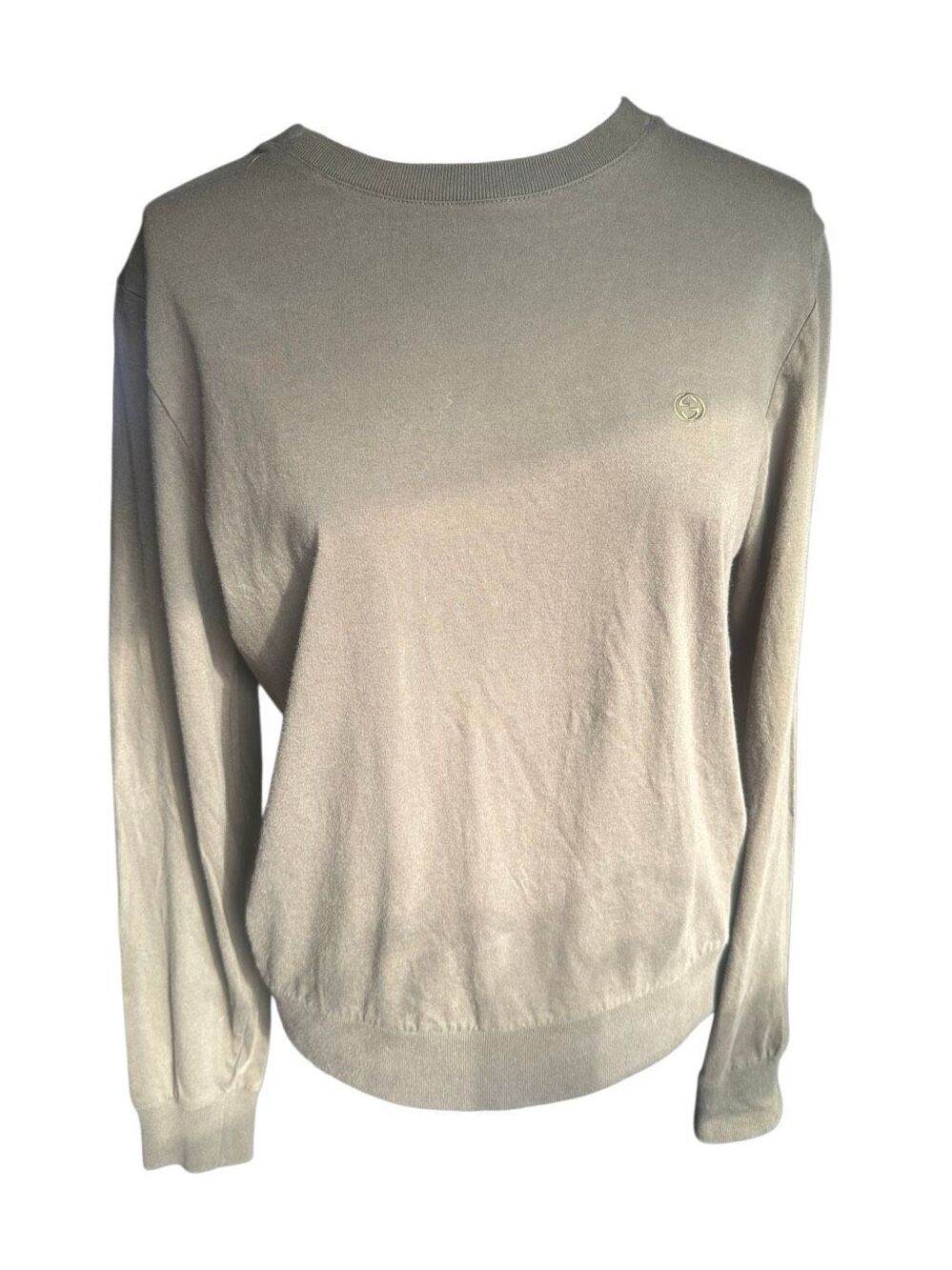 Gucci Embroidered Interlocking GG Crest Logo Long Sleeve Cotton Tee Shirt Khaki